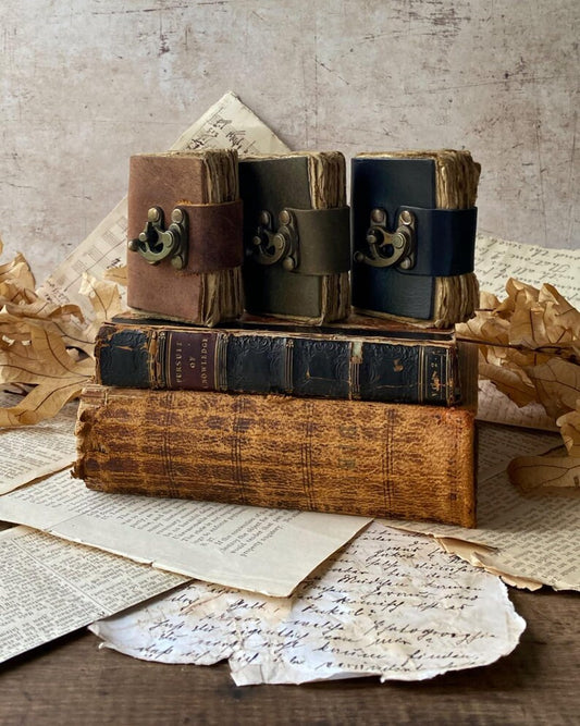 Three small leather journals spread open