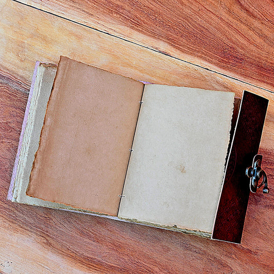 Stone closure leather journal open showing deckle edge pages