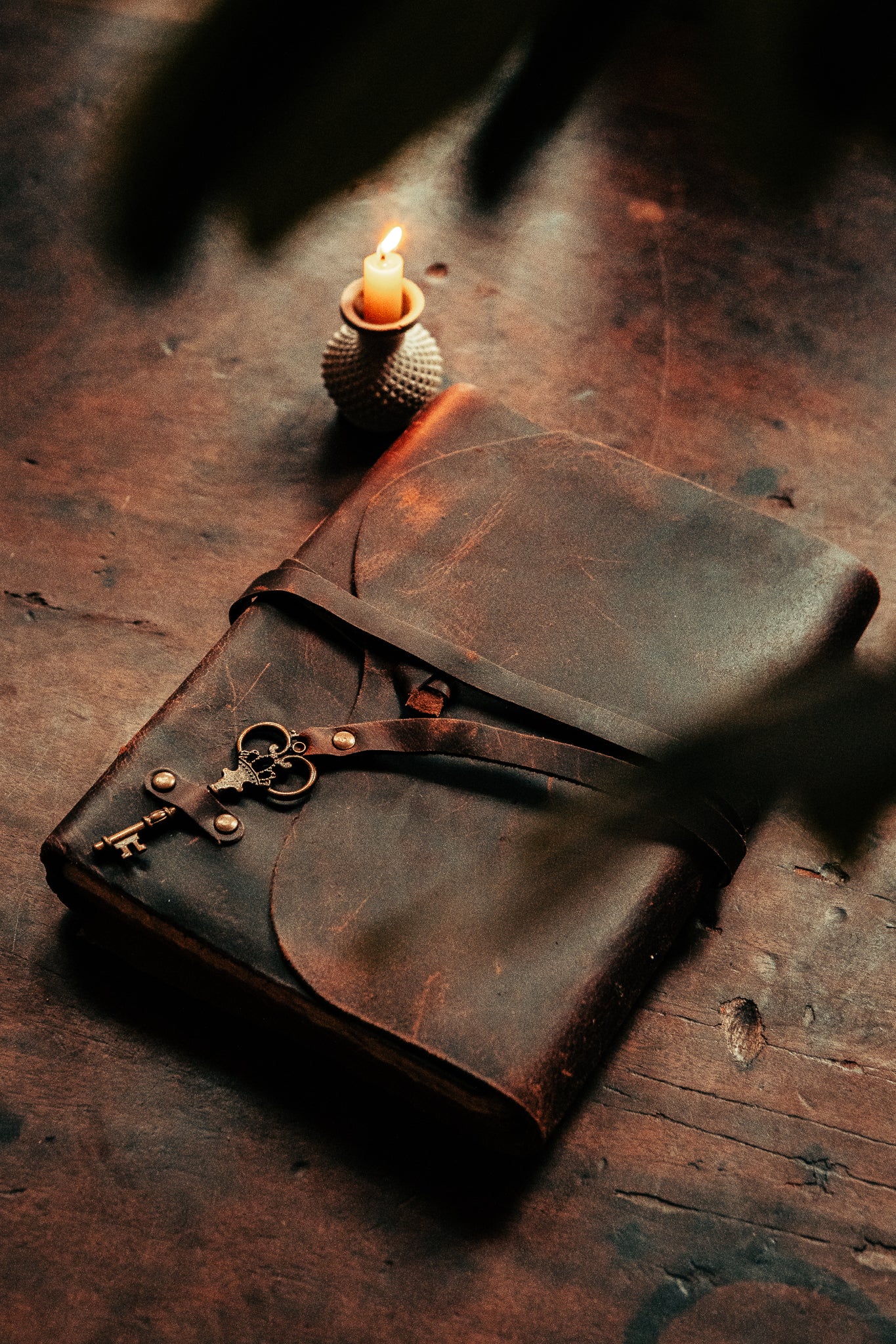 Leather journal with antique brass key