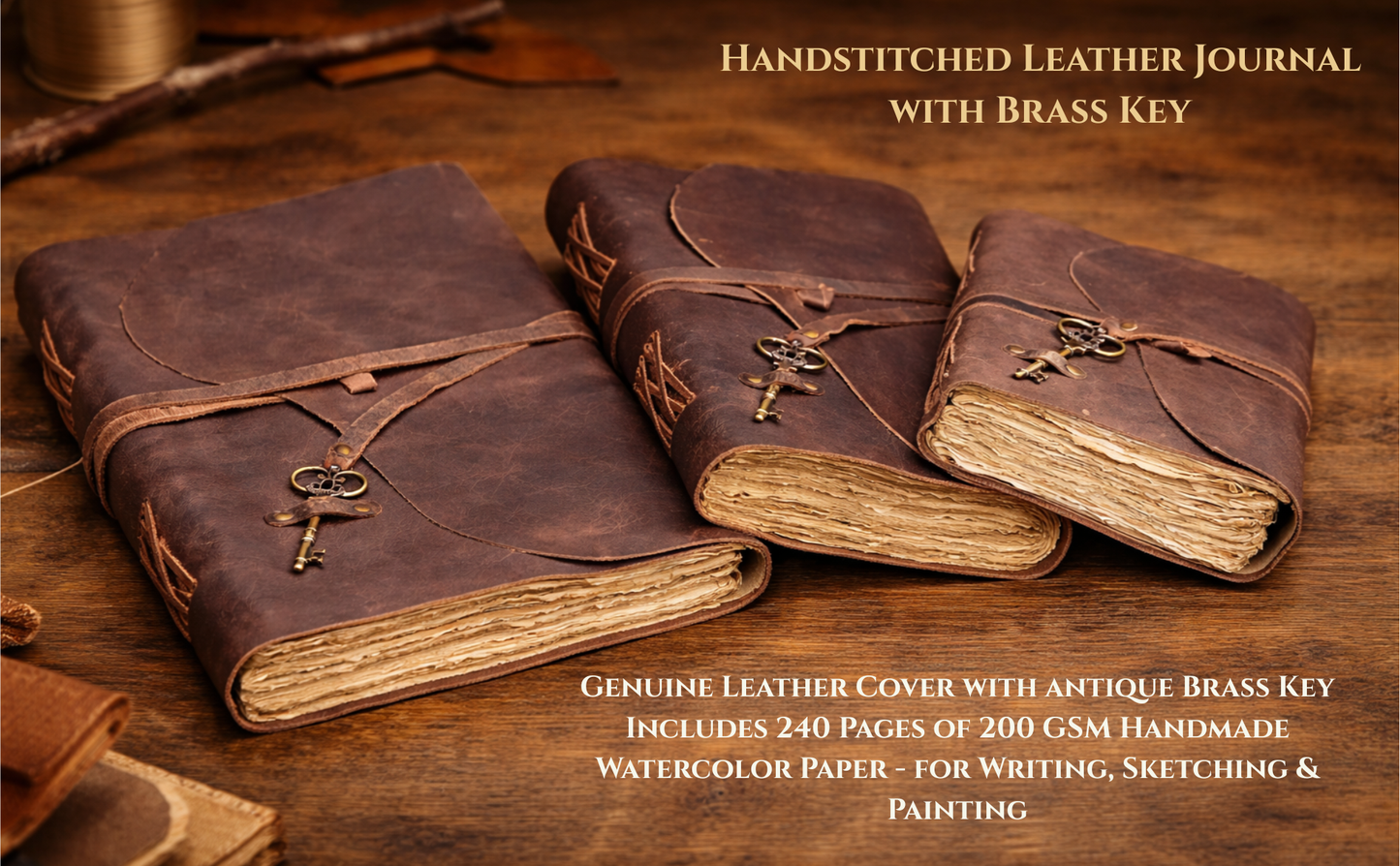 Handmade brown leather journal with key