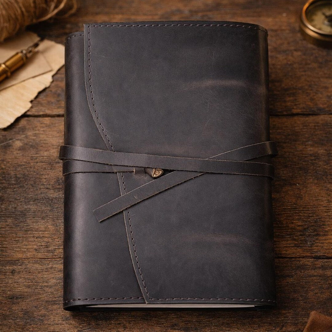 Refillable leather journal open showing pages