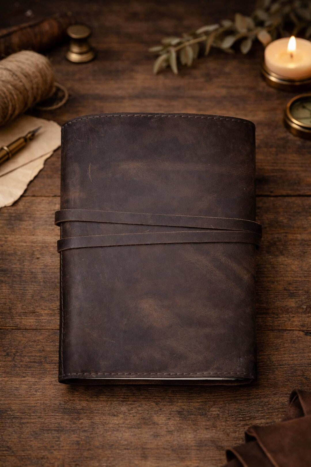 Refillable leather journal with cotton drawstring bag