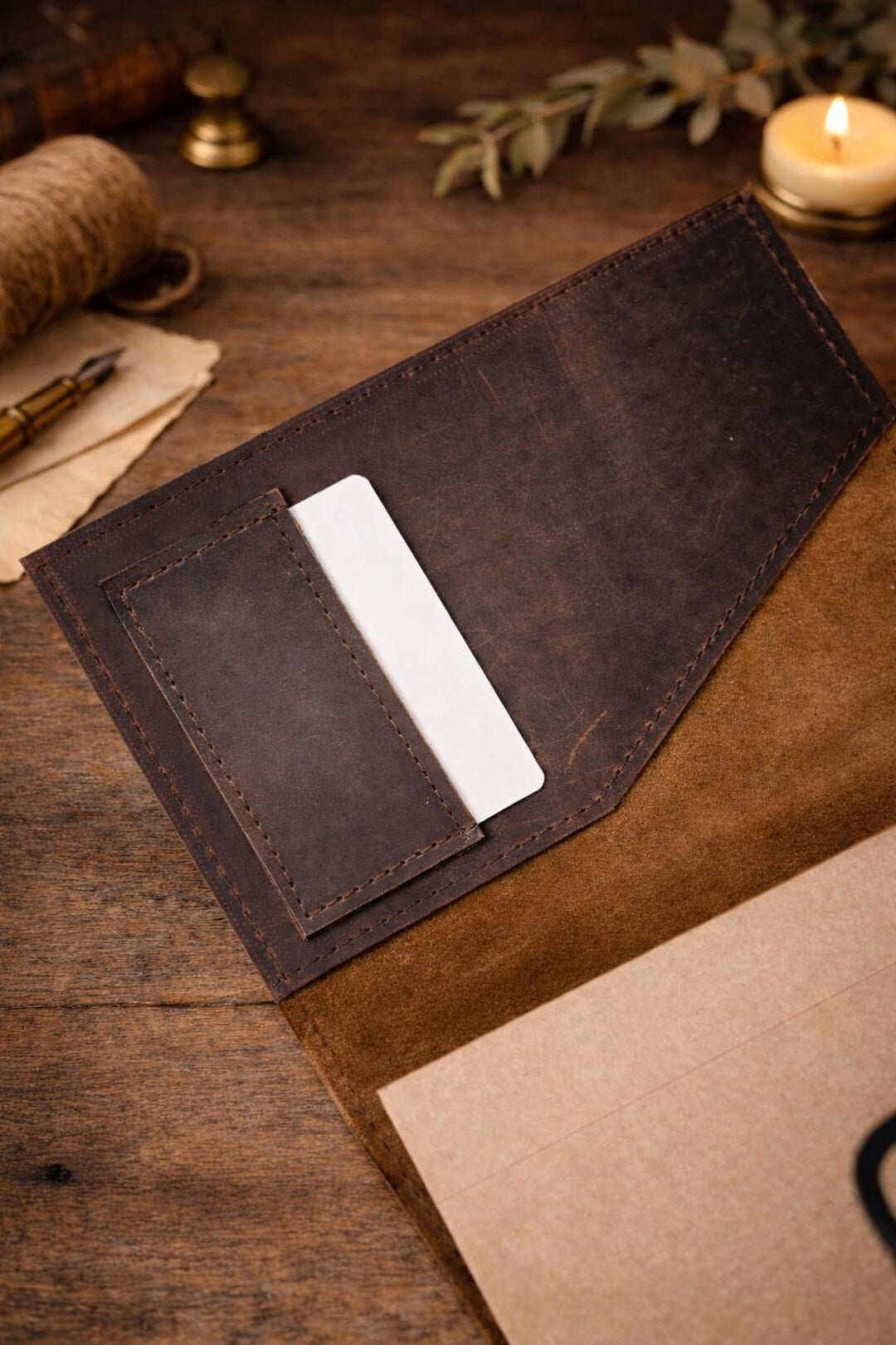 Interior pocket detail of refillable leather journal