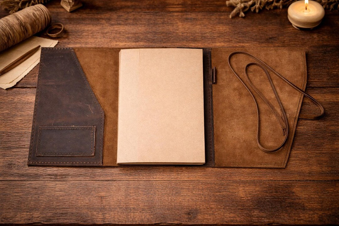 Refillable leather journal closed with strap