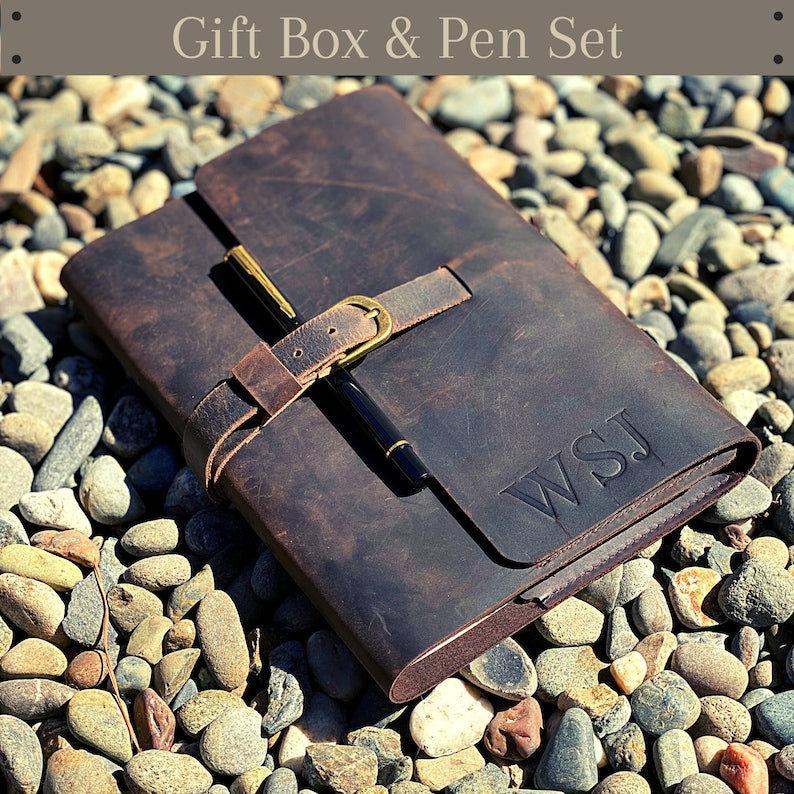 Refillable leather journal gift set in box with pen