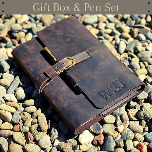 Refillable leather journal gift set in box with pen