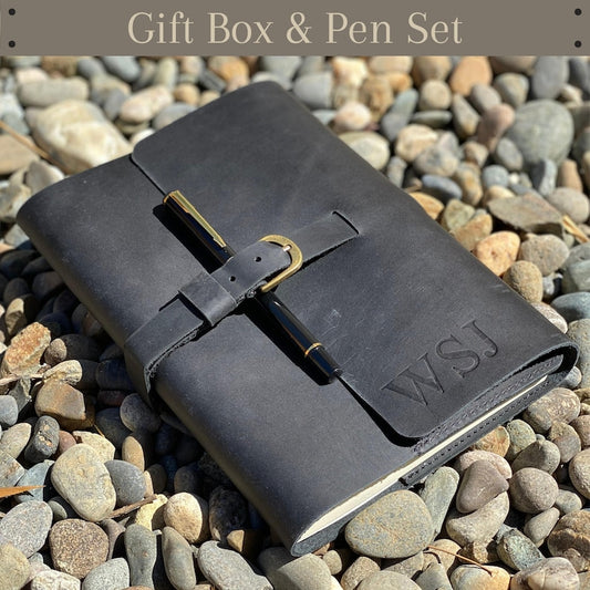 Personalized black leather journal gift set