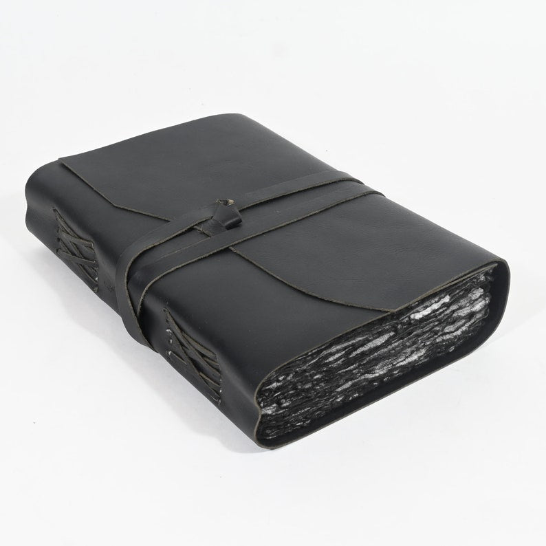 Black leather journal with leather tie closure