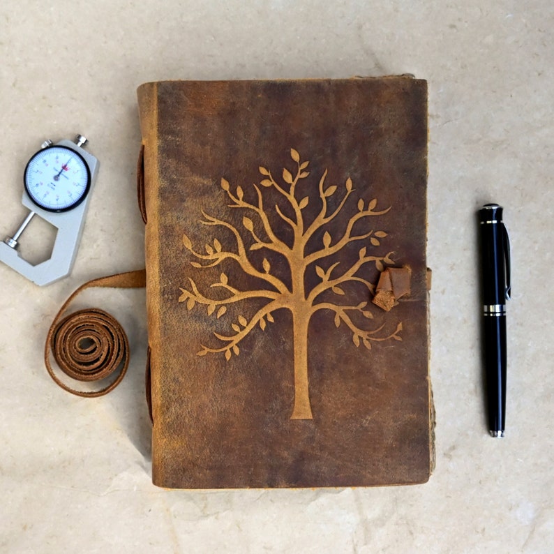 Leather journal with vintage tree embossing on cover