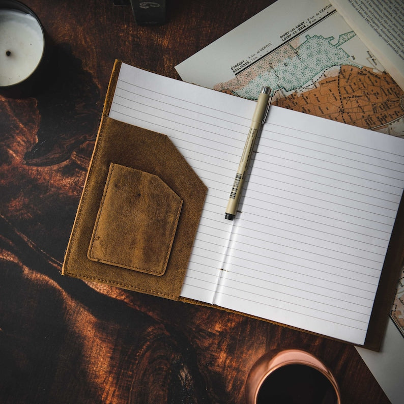 Leather journal with pen and map