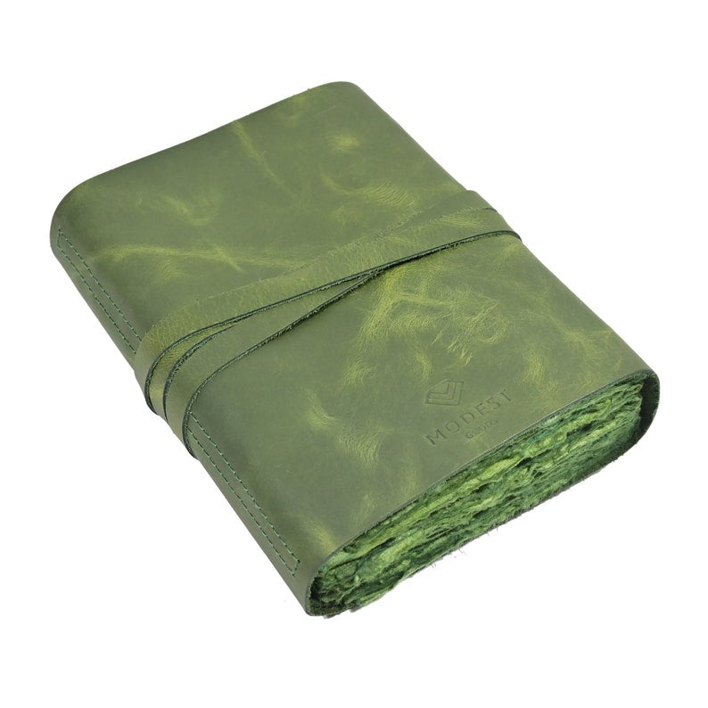 Green leather journal cover with leather strap