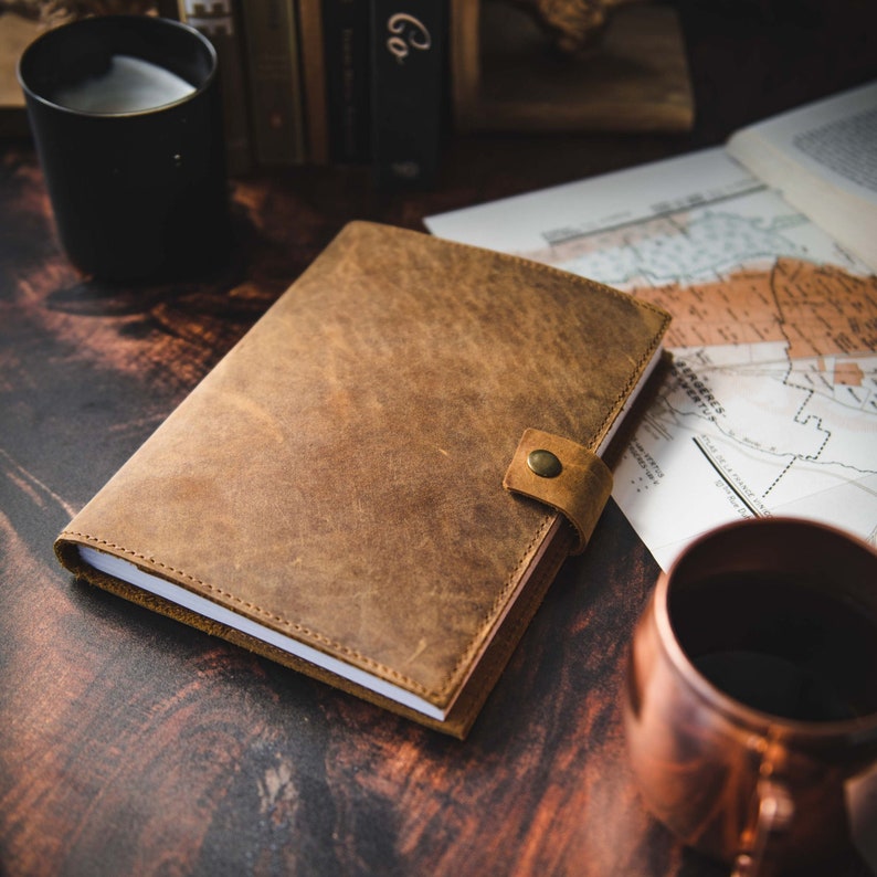 Leather journal showing brass button closure