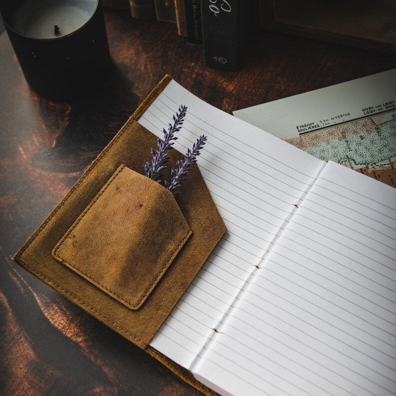 Leather journal with lavender flowers