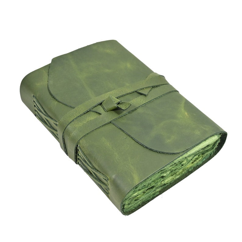 Green leather journal with handmade deckle edge paper