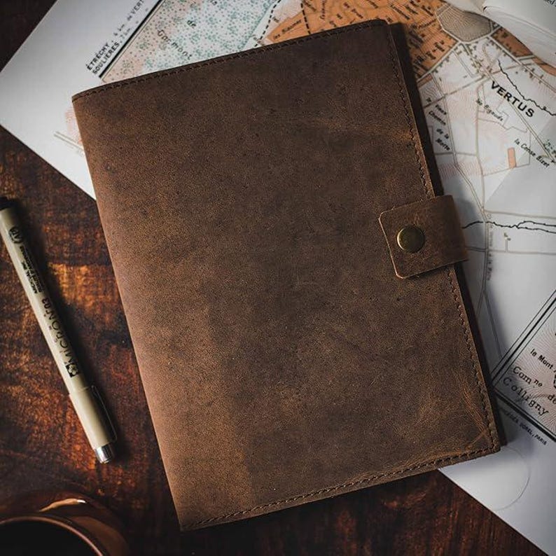 Refillable leather journal — premium lined A5 notebook cover in brown