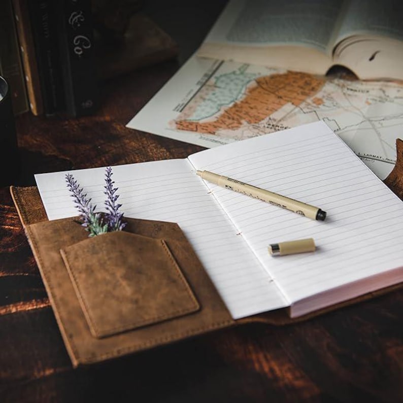 Leather journal flat lay