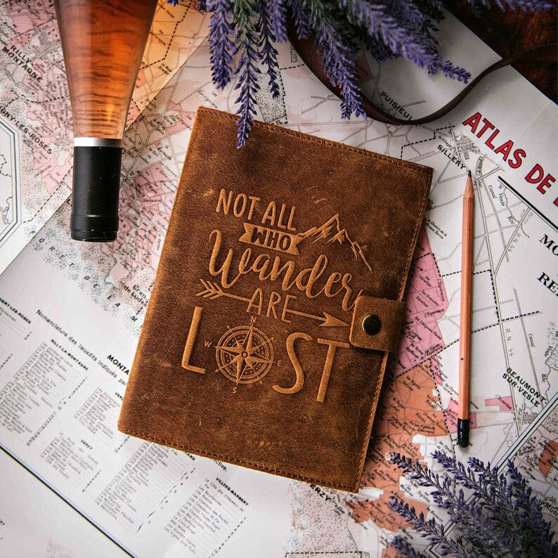 Leather journal on wooden surface