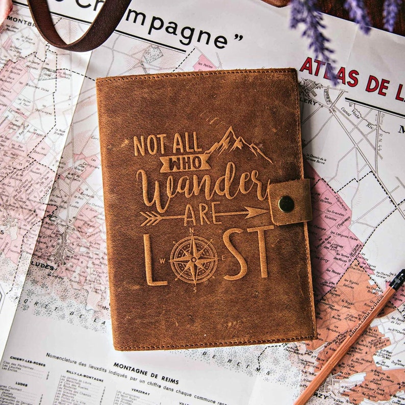 Leather travel journal open showing lined pages