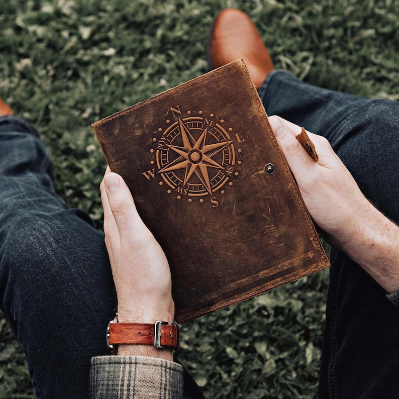 Refillable travel journal with compass design leather cover