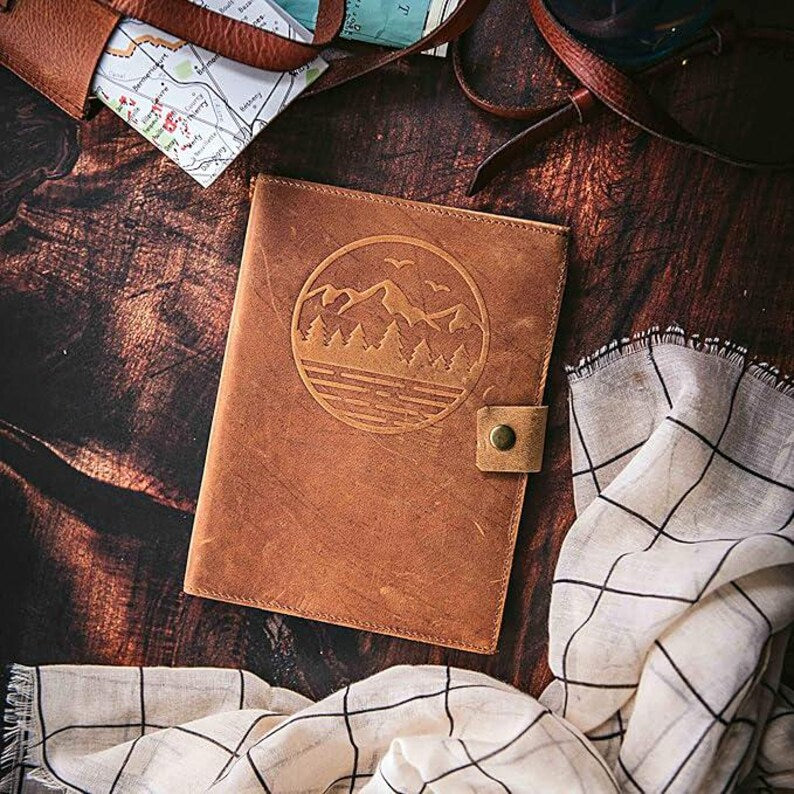 Leather travel journal planner cover detail