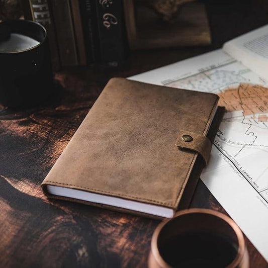Brown leather journal open showing lined pages