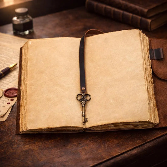 Brown key leather journal open showing deckle edge pages