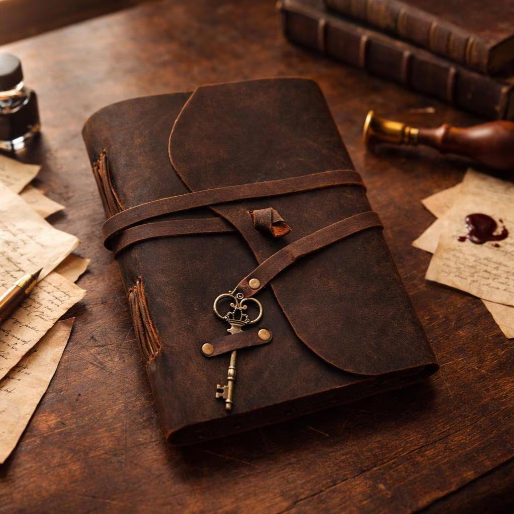 Brown leather journal key closure detail