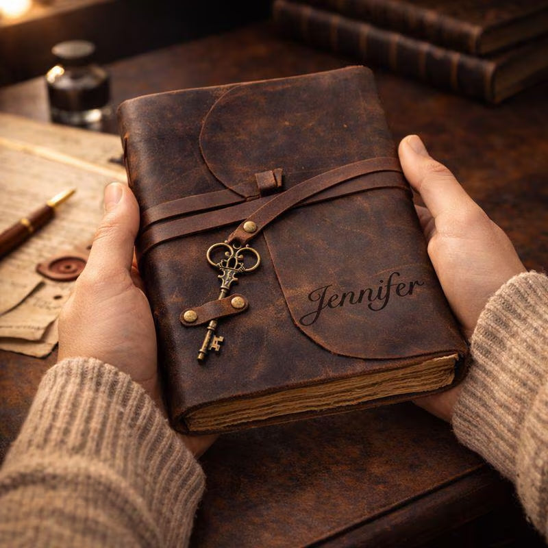 Brown leather journal with antique key closure, front view