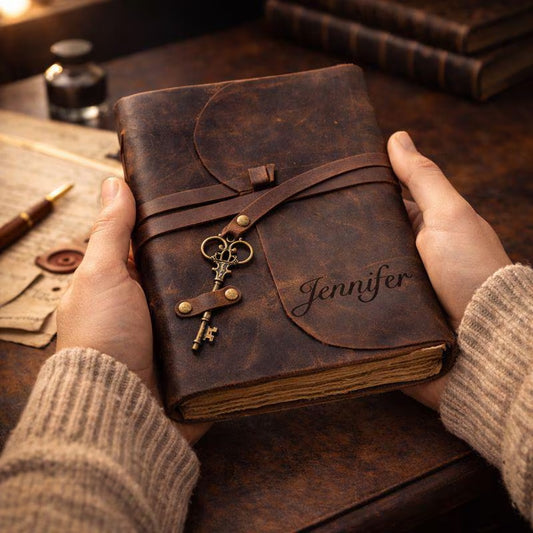 Brown leather journal with antique key closure, front view