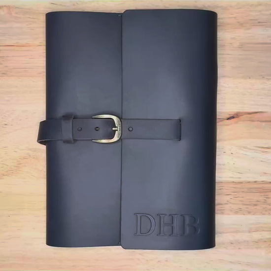 Refillable leather journal gift set unboxing — black gift box, luxury pen, and rustic brown full grain leather cover