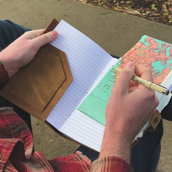 Refillable leather travel journal with soft genuine leather cover and lined A5 insert