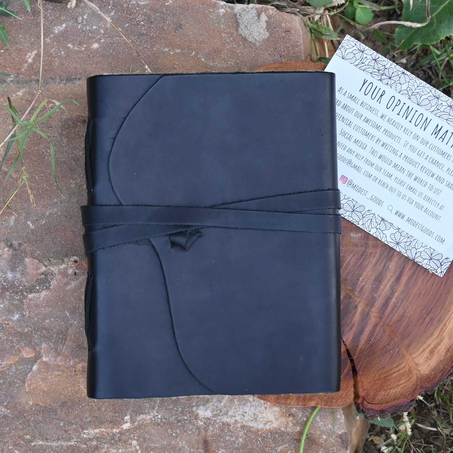 Vintage black leather journal cover detail