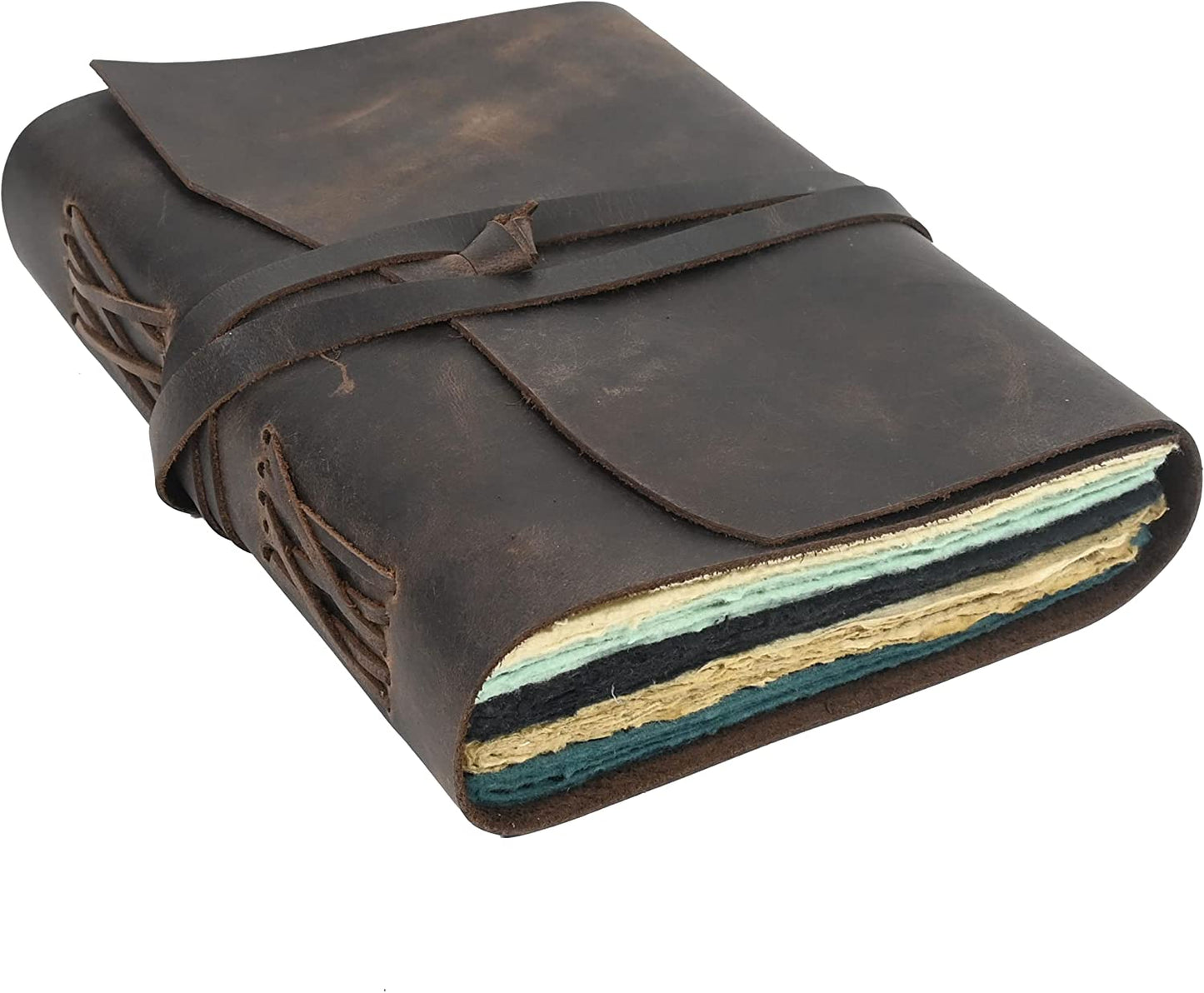 Vintage leather scrapbook journal with strap closure, front view