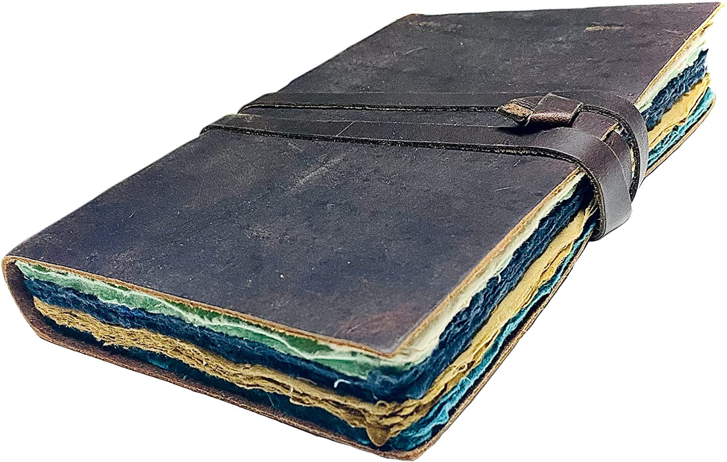 Vintage leather scrapbook journal open style, front view