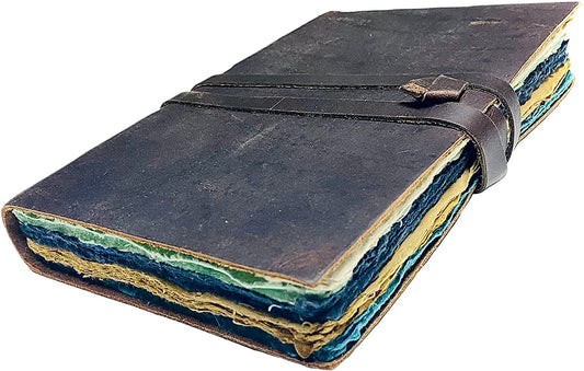 Vintage leather scrapbook journal open style, front view