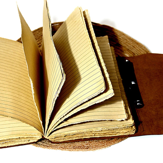 Brown leather journal open showing lined pages