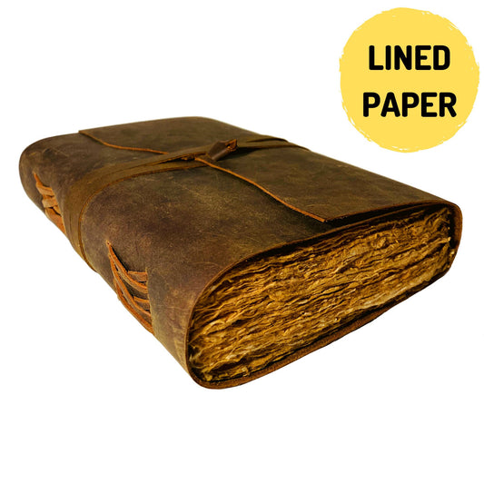 Brown vintage leather journal with lined deckle edge pages