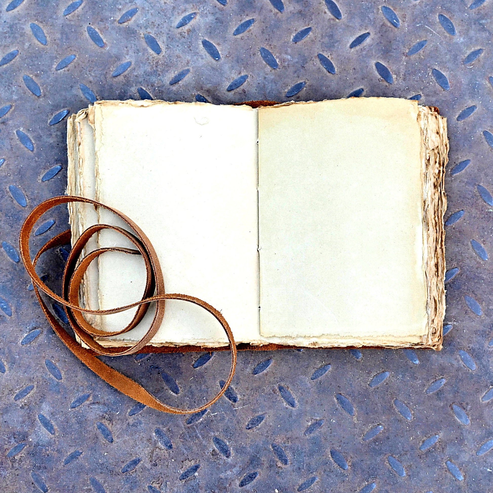 Tan leather journal open showing deckle edge pages