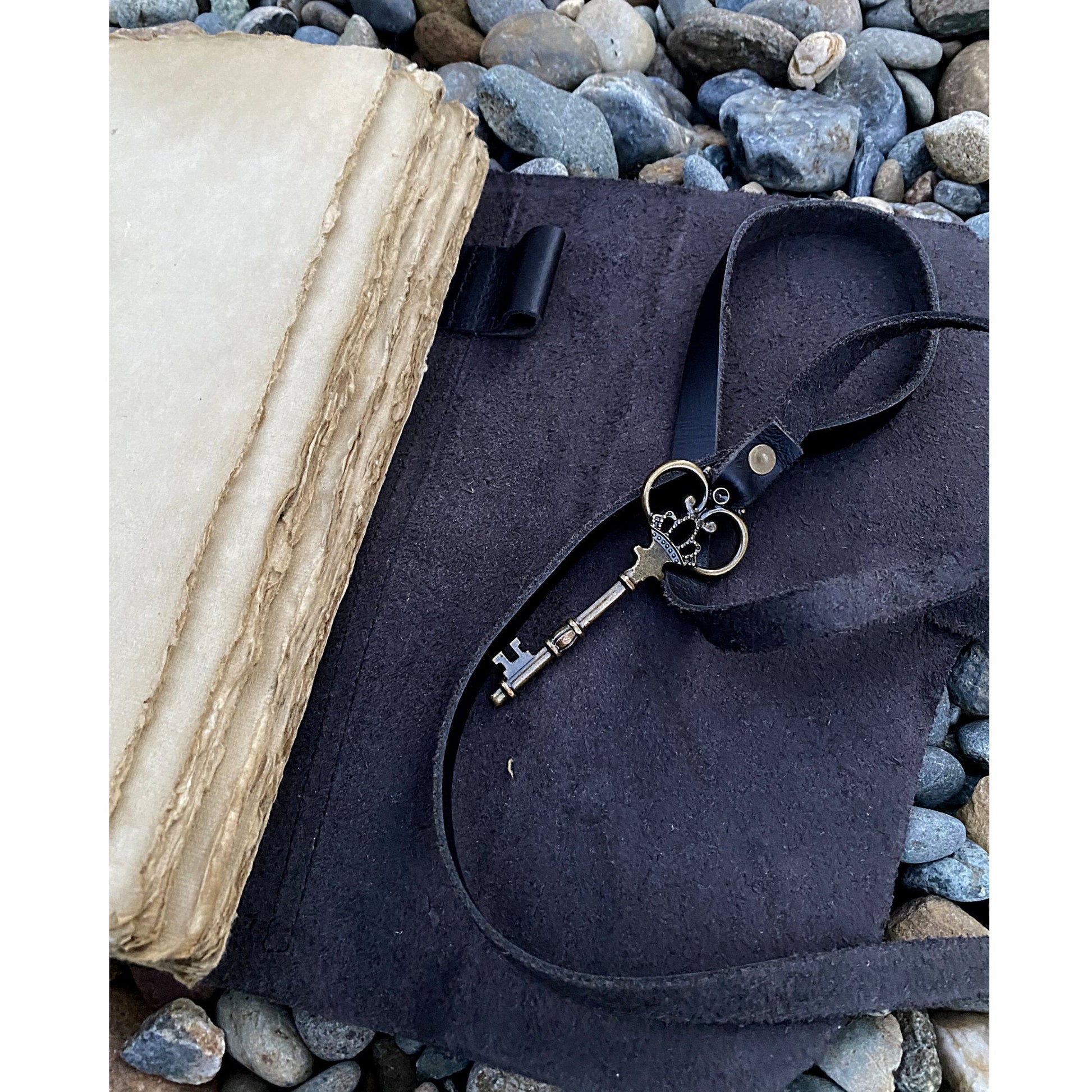 Black leather journal key closure detail