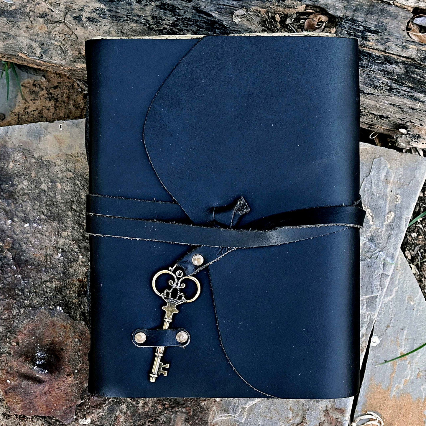 Black leather journal antique brass key
